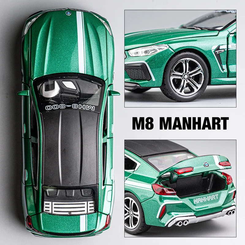 1/32 BMW MH8 800 Manhart 다이 캐스트 자동차 장난감 어린이를위한 미니어처 모델 뒤로 소리 및 빛 컬렉션 소년을위한 선물 아이 선물