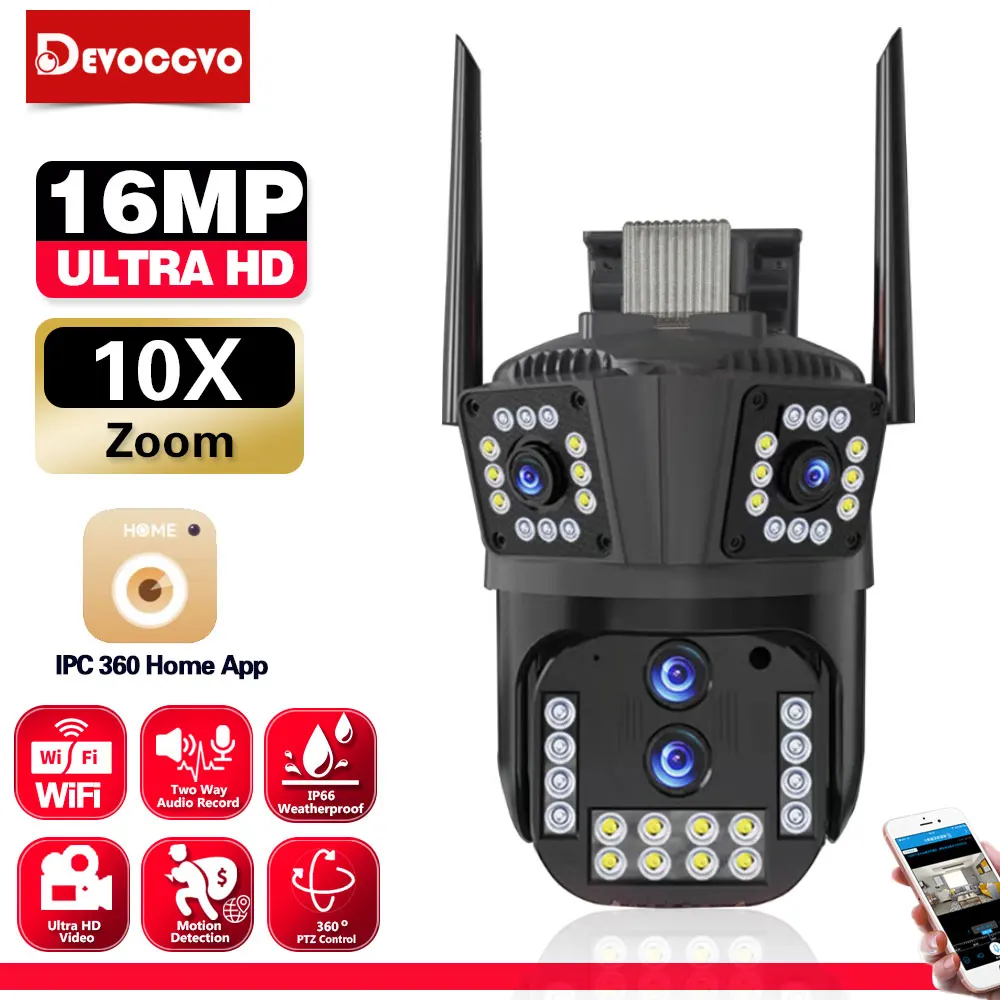 

8K 16MP Wifi IP Camera Outdoor Four Lens Three Screen 10x Zoom 4K CCTV Video Security Surveillance PTZ Camera Auto Tracking Cam