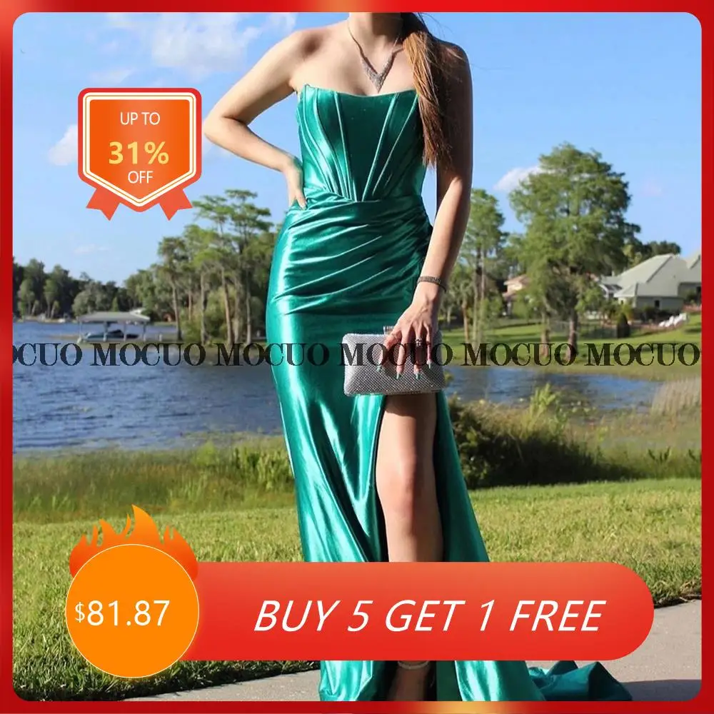 

Off The Shoulder Evening Dresses 2022 Mermaid Sexy Side Split Strapless Pleat Design Soft Satin Formal Prom Party Gown