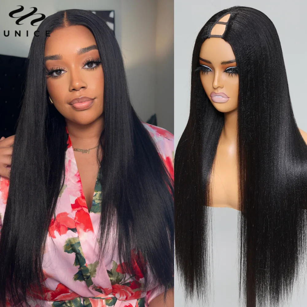 Human Hair Wigs UNice Hair Yaki Straight V-Shaped Wig 100% Human Hair V Part Wig Upgrade U Part No Sew In Clip In Half Read To Wear Go
