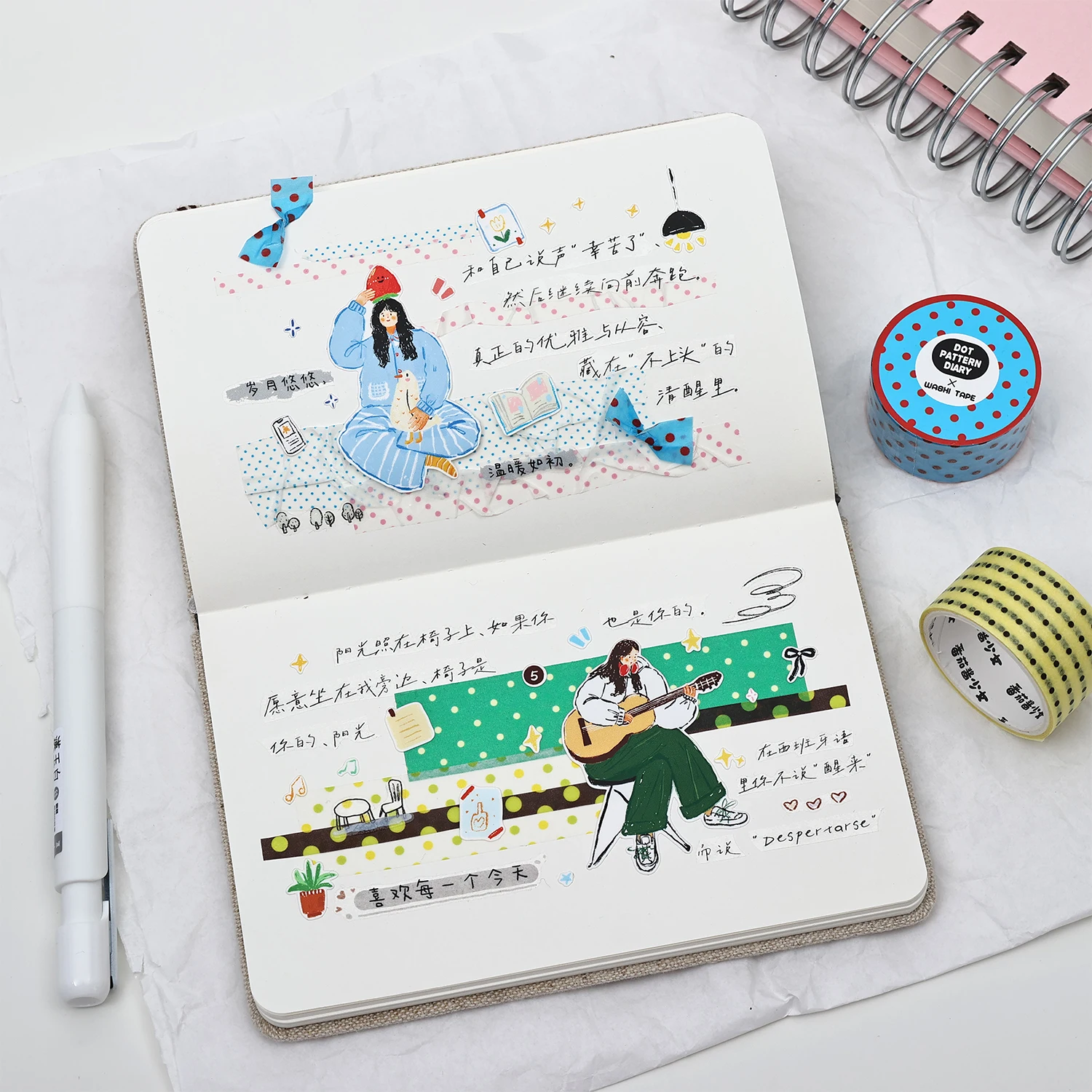 도트 패턴 다이어리 시리즈 빈티지 다채로운 도트 풍경 와시 테이프 창의적인 DIY 저널 재료 콜라주 문구류