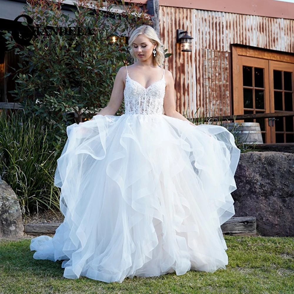 

CHANDELA Classic Spaghetti Strap Wedding Dresses Sweetheart Appliques Lace Backless Tulle Custom Made Vestido De Casamento