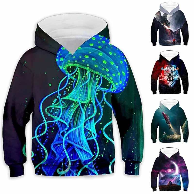 

2023 Spring Kids Round Neck Pullover Boys Autumn Child Pocket Long Sleeve Animal Printing Hooded Sweater Vintage Loose Size Tops