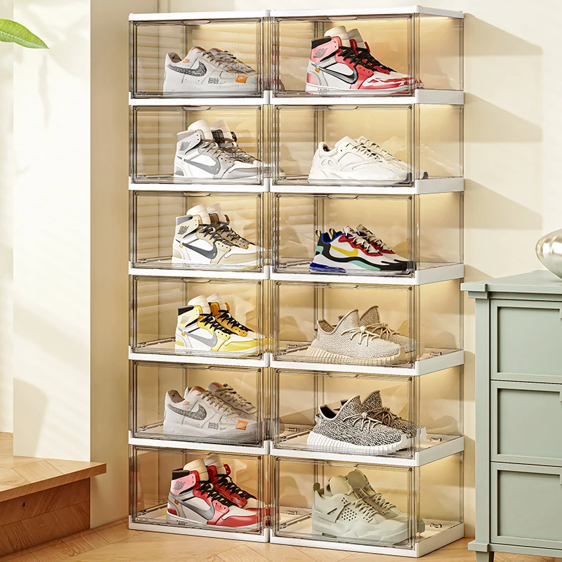 New Large Size Six Layers Installation Free Folding Transparent Cabinet Aj Shoe Storage Box For Sneaker Women's High Heels
