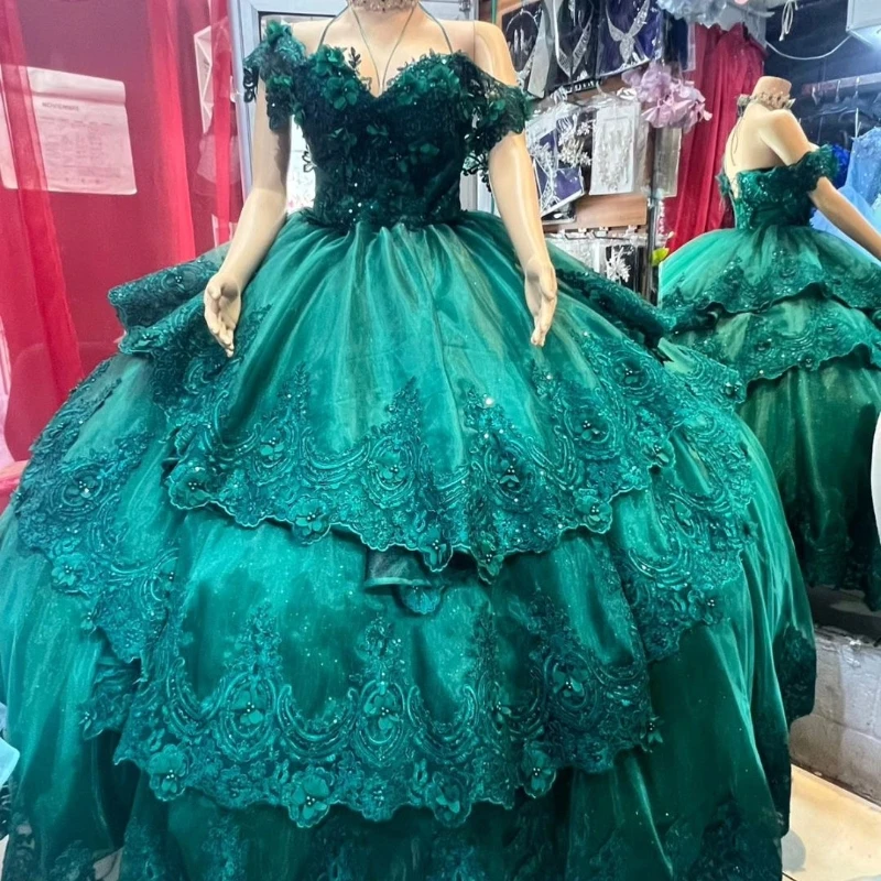 

Green Shiny Quinceanera Dresses Strapless Tulle Appliques Lace Beads Formal Cinderella Birthday Sweet 16 Party Ball Gown vestido