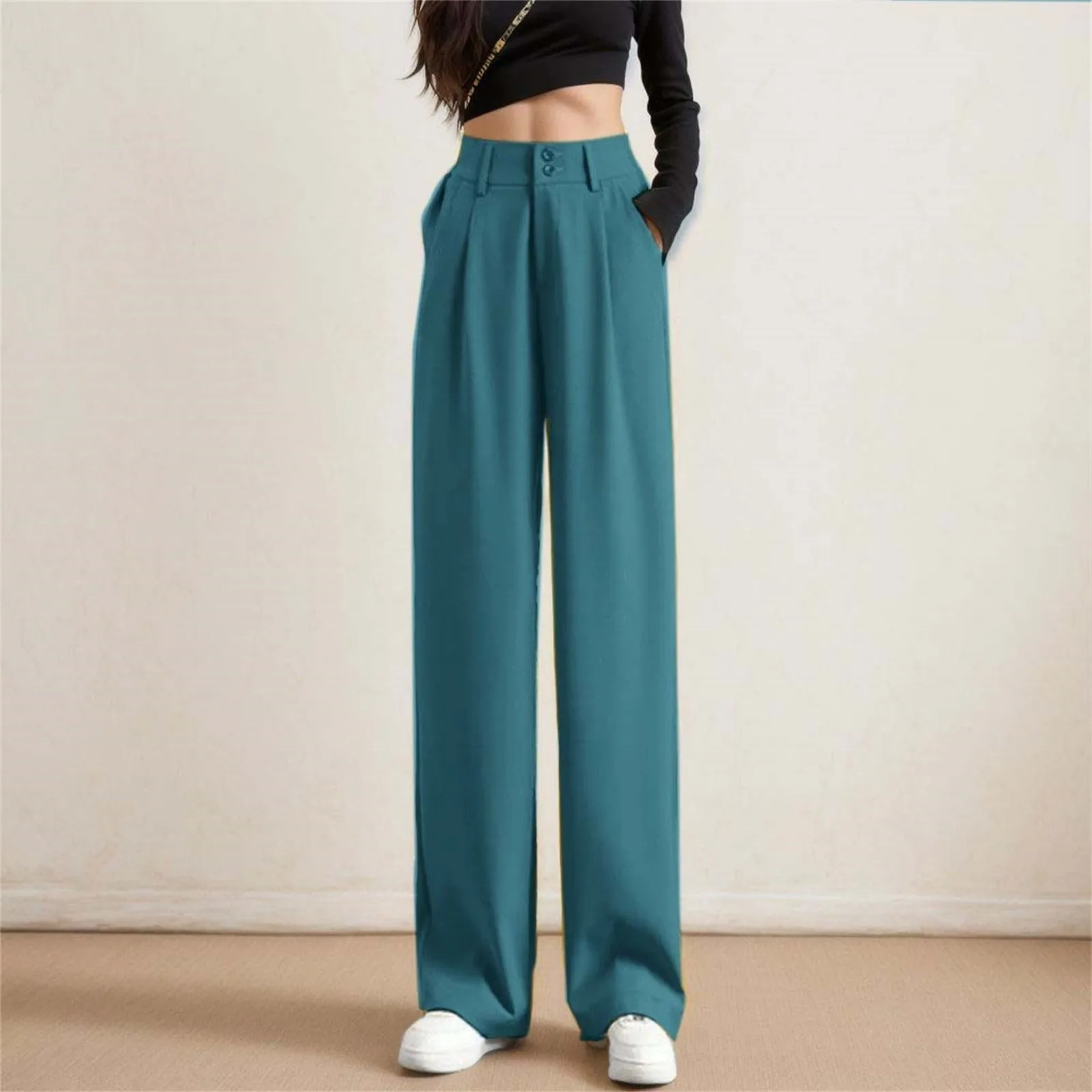 2024 Spring Summer Wide Leg Pants Women Casual High Waist Korean Fashion Office Ladies Elegant Black Straight Suit Trousers