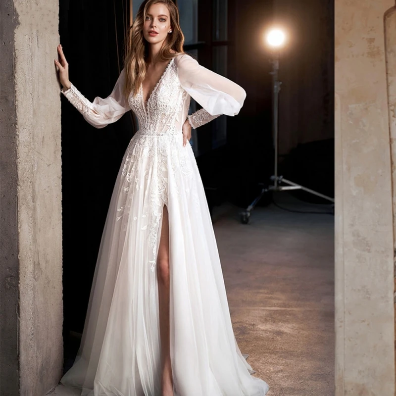 Sirene Exquisite High Split Wedding Dress A-Line Full sleeves Beach V-Neck Lace Appliques Sweep Train Robe De Mariée Custom sirene elegant v neck wedding dresses for women long sleeves bridal gown a line sweep train robe de mariée for sexy women