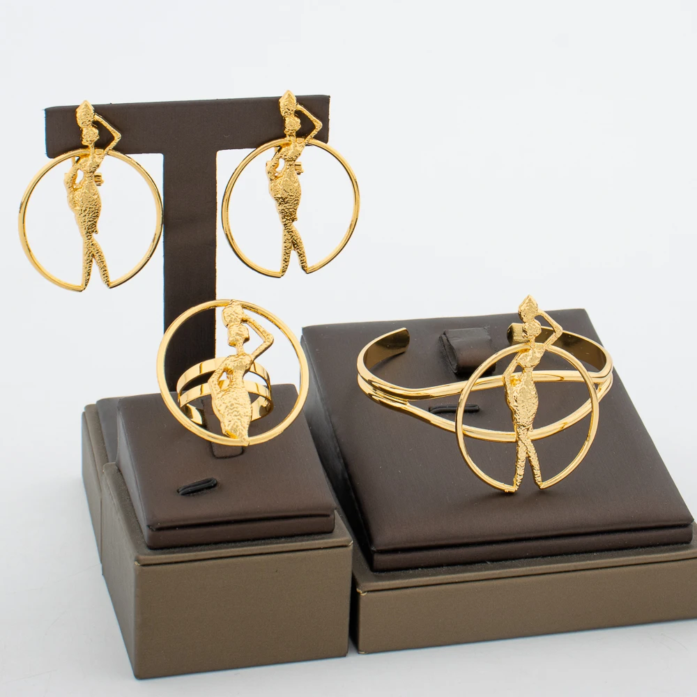 Afrikanisches Goldschmuck-Set 18K Vergoldete Halskette und Ohrringe Armreif Ring Set für Frauen Klassisches Design Clip-Schmuck