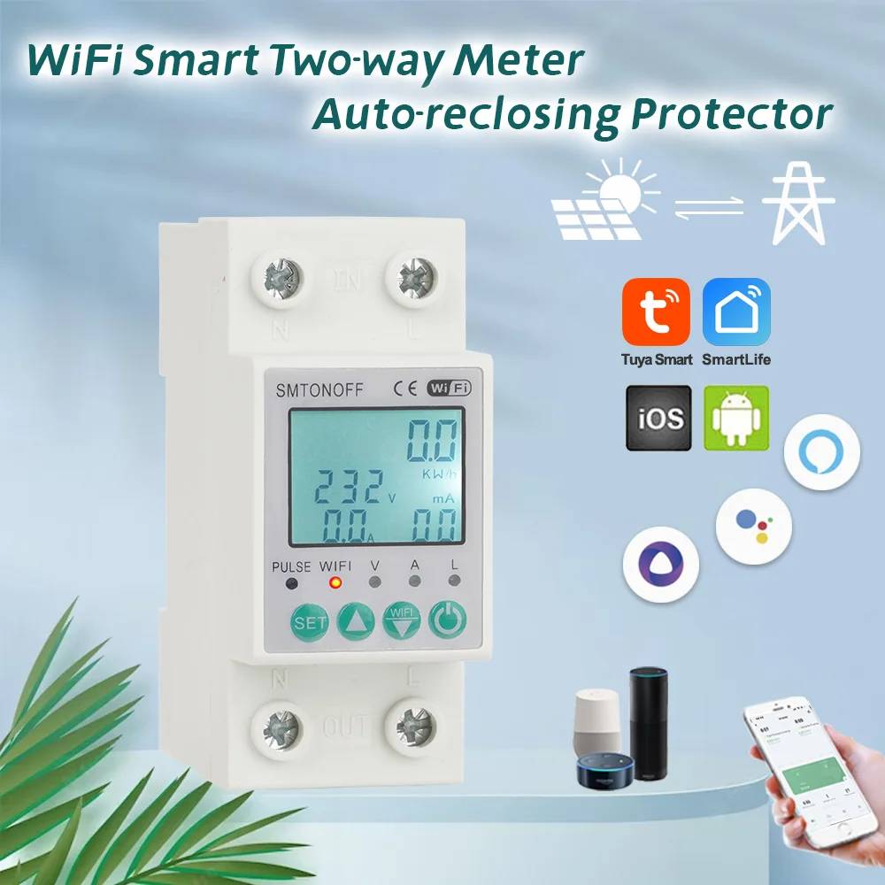 Tuya WiFi 2P 63A Bi-directional Measuring Prepaid kWh Meter Auto-reclosing Over