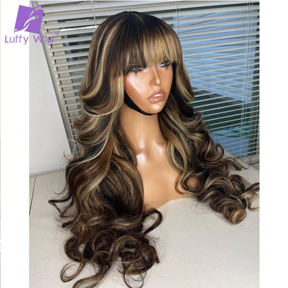바디 웨이브 하이라이트 블론드 브라운 컬러 가발 앞머리 포함 인모 풀 머신 메..