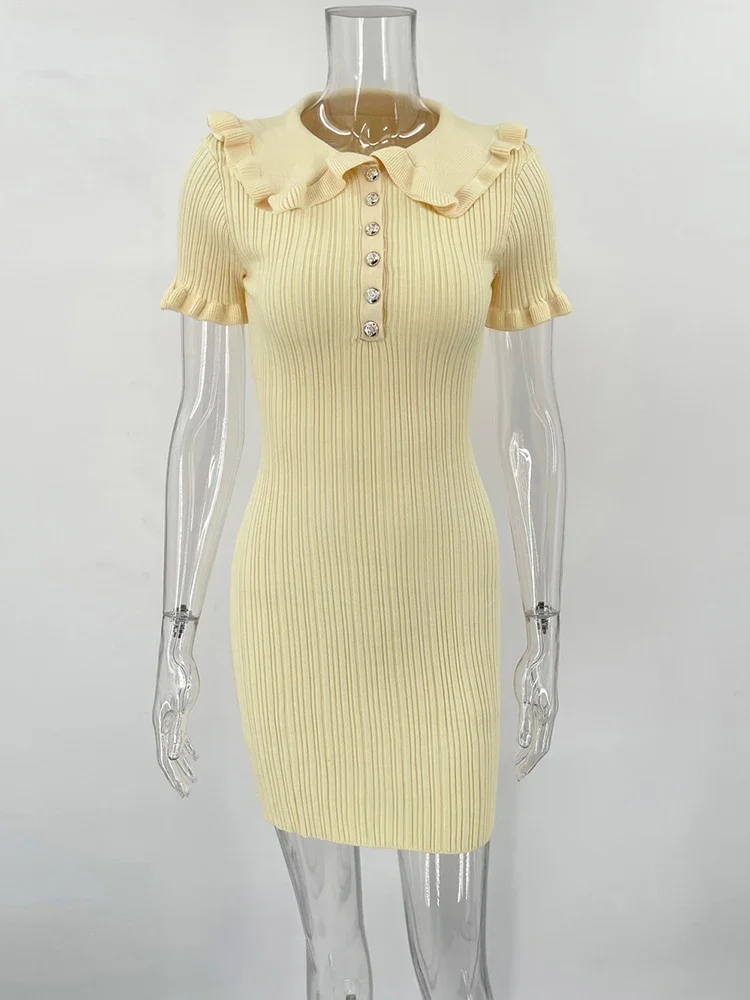 Ruffled Knitted Bodycon Mini Dress High-Waist Retro Summer Style
