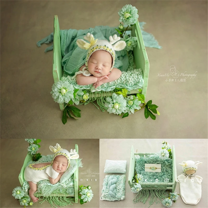 Newborn Baby Photography Props Spring Green Theme Set Backdrop Pillow Wrap Crib Fotografia Photoshoot Studio Shoot Photo Props