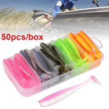 Lot d'appâts artificiels souples pour la pêche en eau douce, pack de leurres pour attraper des poissons comme les carpes ou les bars, avec boîte, avec Spinner, queue en T, 50 pièces 