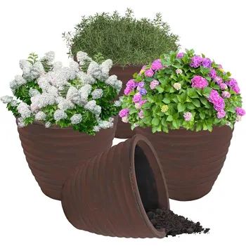 Sunnydaze 16" Rust Ribbed Planter – Set of 4 1