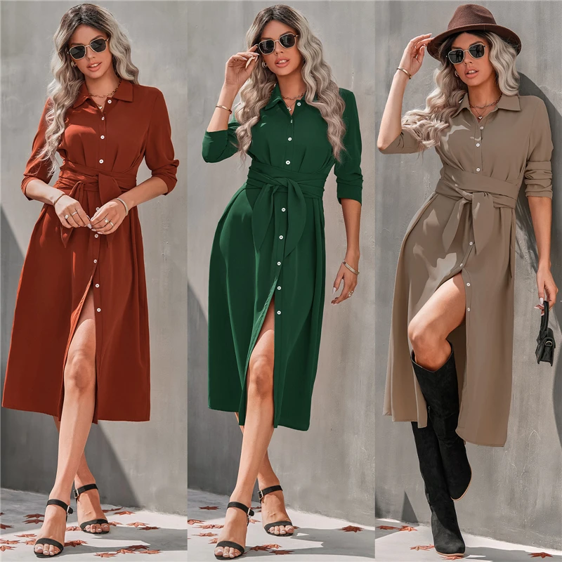 

Women's Elegant Long Dress Autumn Casual Long Sleeve Turndown Collar Knee Length Skirt Belt Party Evening Dresses Dropshipping