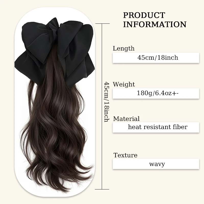 Wavy Hair Ponytail with Black Bow Wig Synthetic Claw Clip Wavy Ponytail Extensions Hairpiece with Removable Bow for Women Use