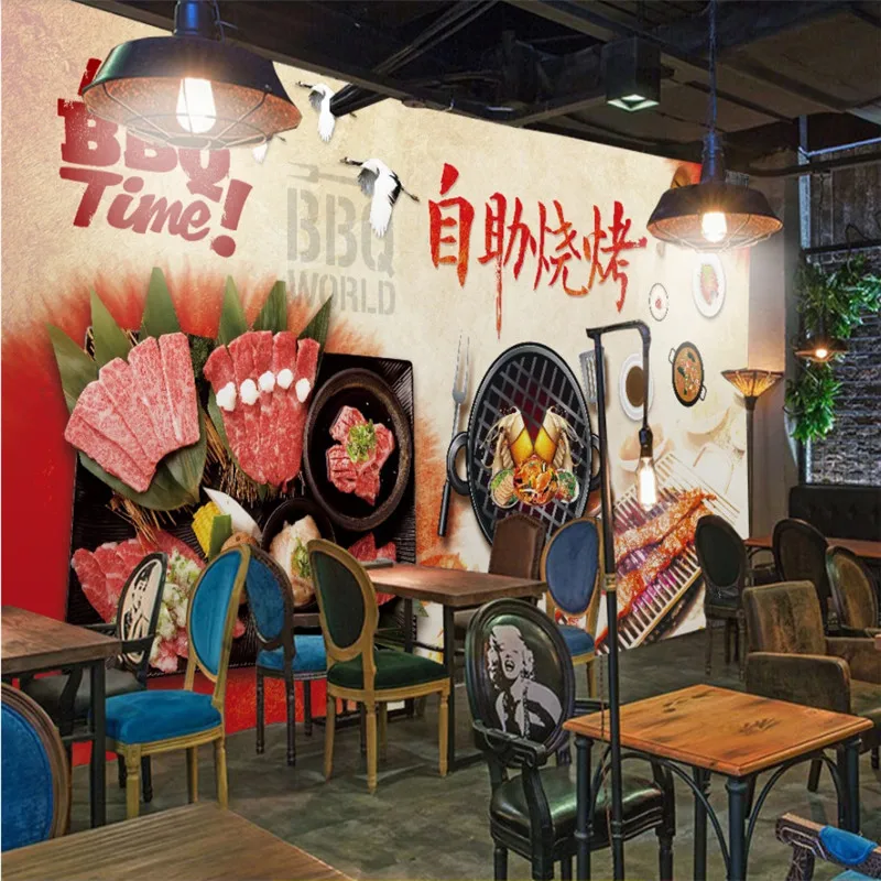 

Custom Hand-painted Dining Buffet Barbecue Restaurant Background Wall Paper Modern Snack Bar Industrial Decor Mural Wallpaper 3D