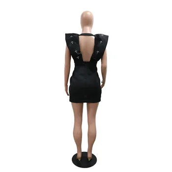 Deep V Neck Back Open Sexy Bodycon Rhinestone Women Party Dress Flying Sleeve ruched Irregular Mini Night Club Dress Black White 6