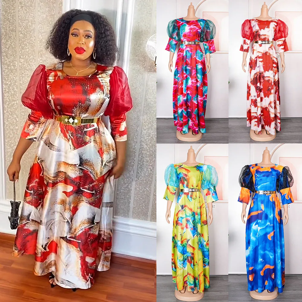 

Elegant Floral Print A Line Dresses for Women O Neck Half Sleeve Midi Dress with Belt African Dress Modest Party Office Wear