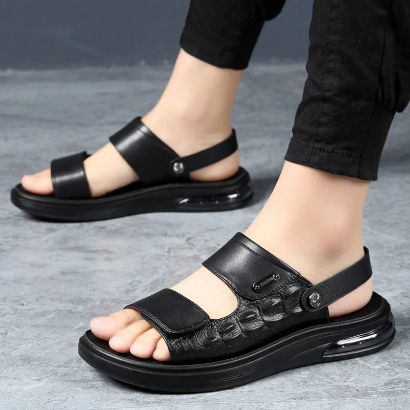 

New Summer Genuine Leather Shoes Men Beach Sandals Flat Non-slip Summer Holiday Mens Sandals Thick Sole Male Footwear A4521