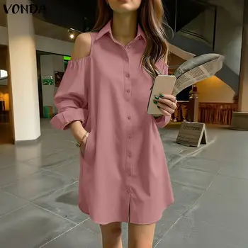VONDA Fashion Solid Color Women Dress Summer Spring Long Sleeve Off Shoulder Casual OL Work Turn-down Collar Vestidos Sundress 1