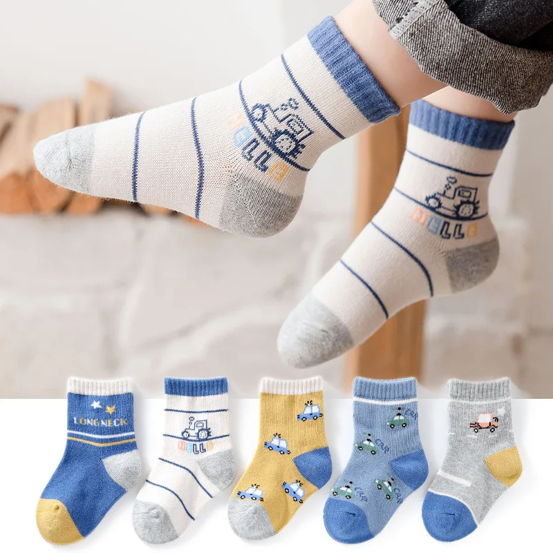Kids Cotton Crew Socks 5-Pack - Animal & Floral Designs For Boys & Girls