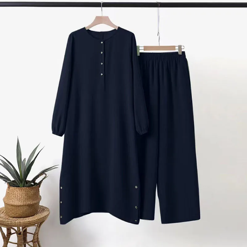 Women's Muslim Two Piece Set Fashion Elegant Solid Colour Irregular Long Shirt Top Wide Leg Pants Robe Abaya Muslim Woman Dubai 6