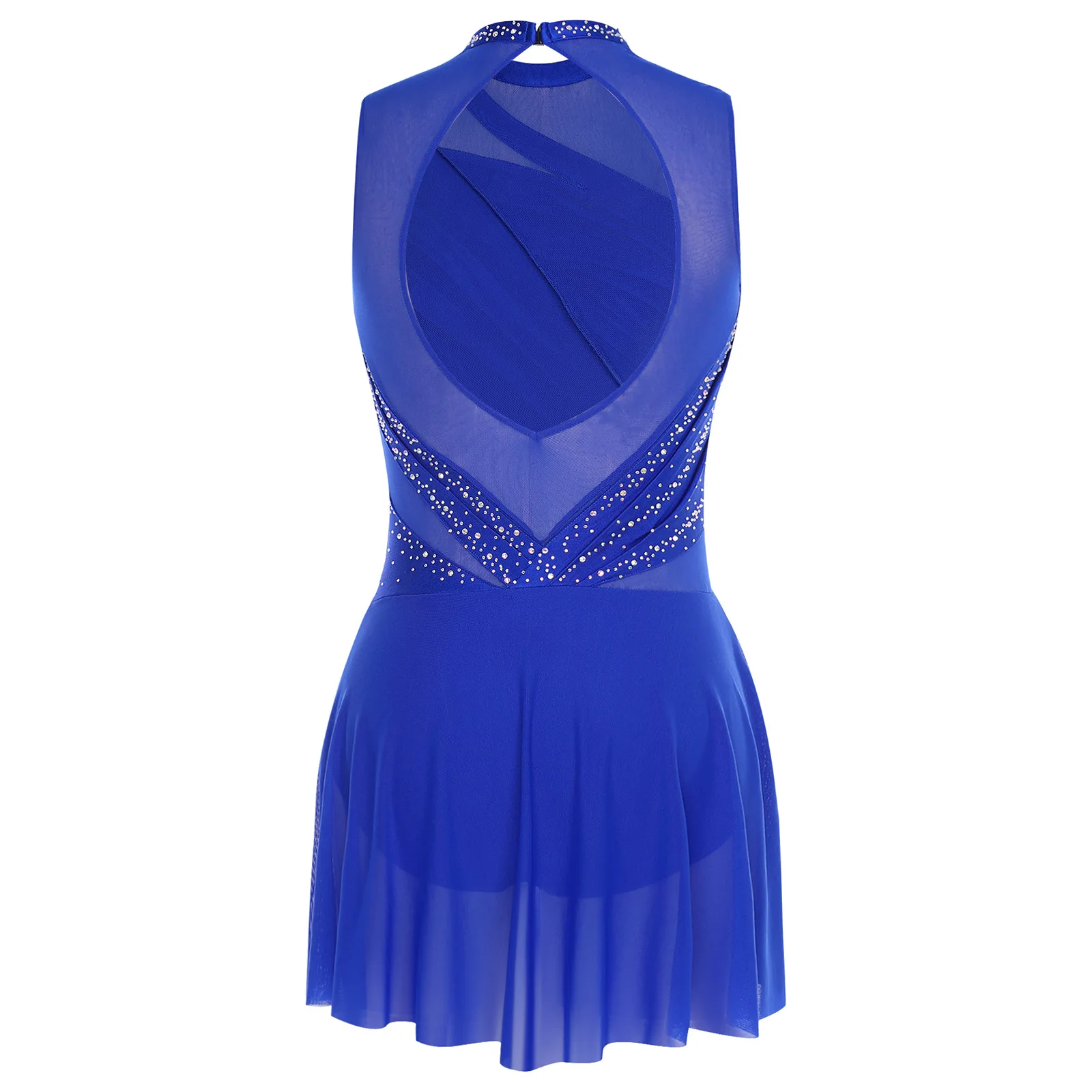 Gerafftes Ballett- und Lyrik-Tanzkleid für Damen, runder Kragen, ärmellos, Strass, rückenfreies Kleid für Bühnenauftritte und Wettbewerbe – Detail 13