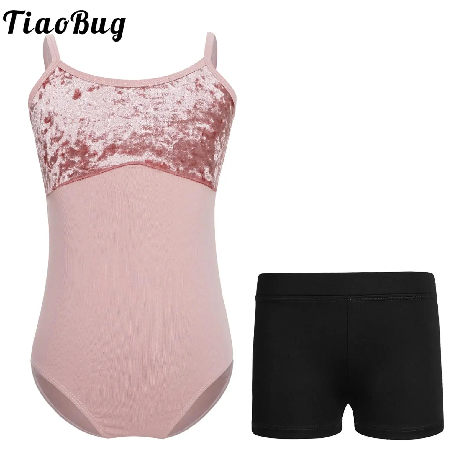 

Kids Girls Velvet Patchwork Ballet Leotard Knot Back Spaghetti Straps Bodysuit with Shorts Dance Gymnastics Performance Costumes