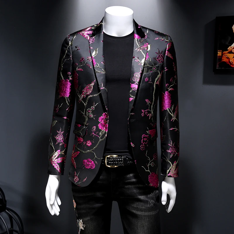 Men Vintage Luxurious Jacquard Floral Suit Jacket Wedding Banquet Club Party Dress Singers Tuxedo Slim Fit Blazers