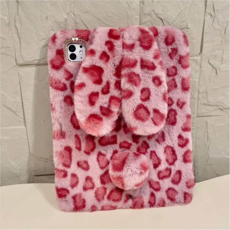 Adorable Fluffy Leopard Bunny Tablet Case with Pen Holder Cover