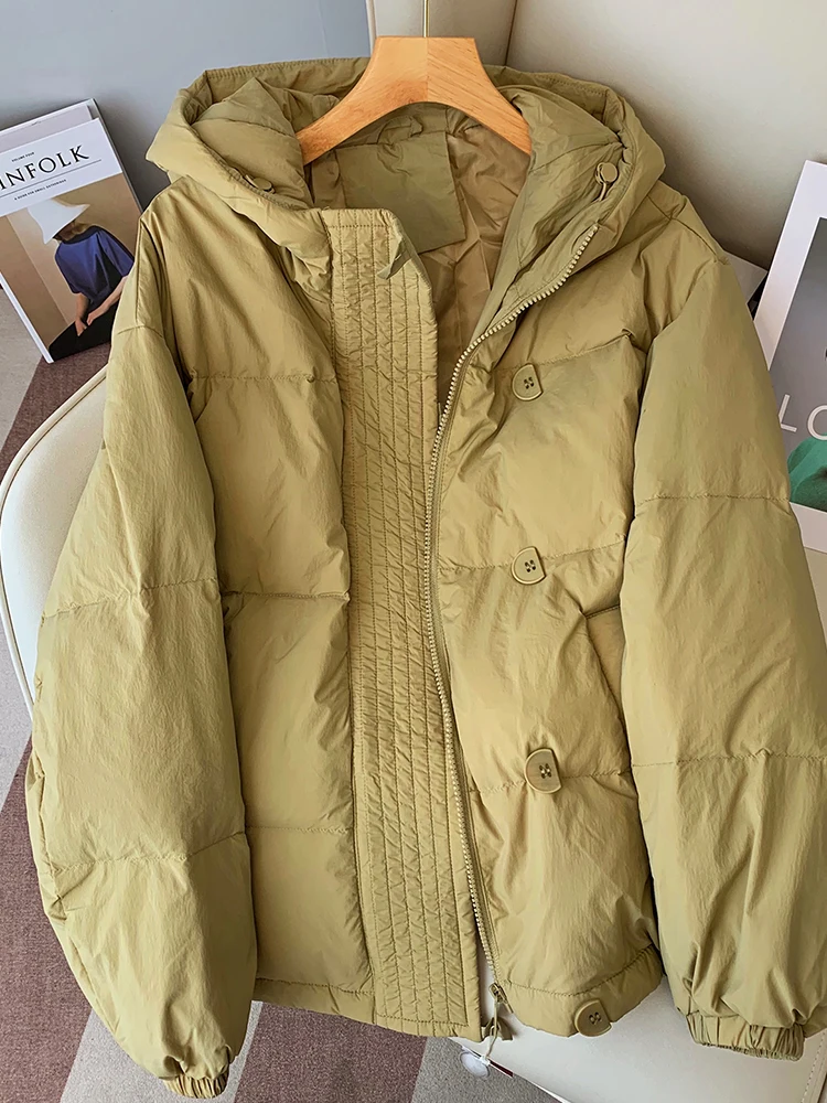

2022 Winter Loose Padded Zipper Solid White Duck Jacket Hooded Collar Casual All Match Warm Down Coat For Women Chic Outwear