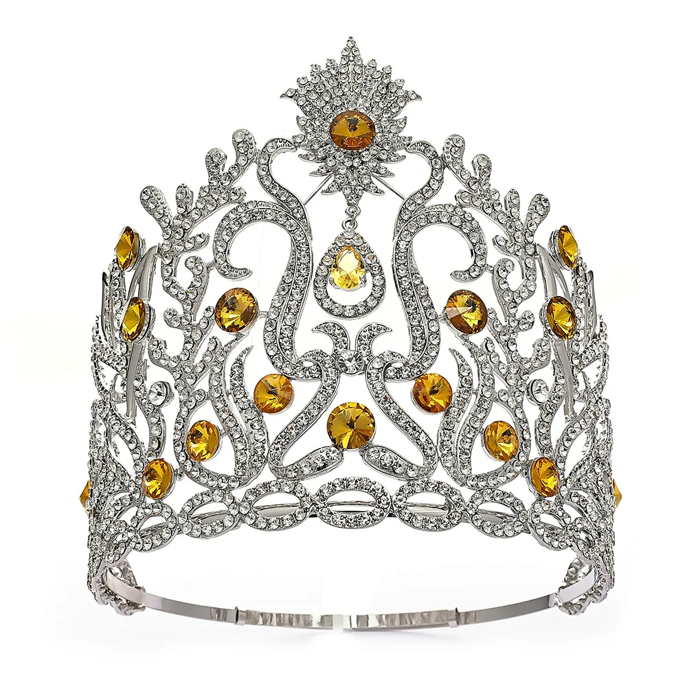 

European Big Miss Universe Crystal Wedding Crown Adjustice Large Round Queen Rhinestone Tiaras Party Stage Show Hair Accessories