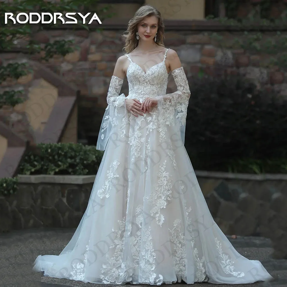 

RODDRSYA Charming V Neck Boho Wedding Dresses For Bride Vestidos De Novia A Line Lace Detachable Sleeves Appliques Bridal Gown