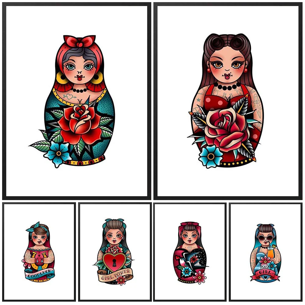 

Funny Girl Tattoo Cute Russian Dolls Poster Posters Wall Art Canvas Painting Prints Wall Pictures For Living Room Home Decor