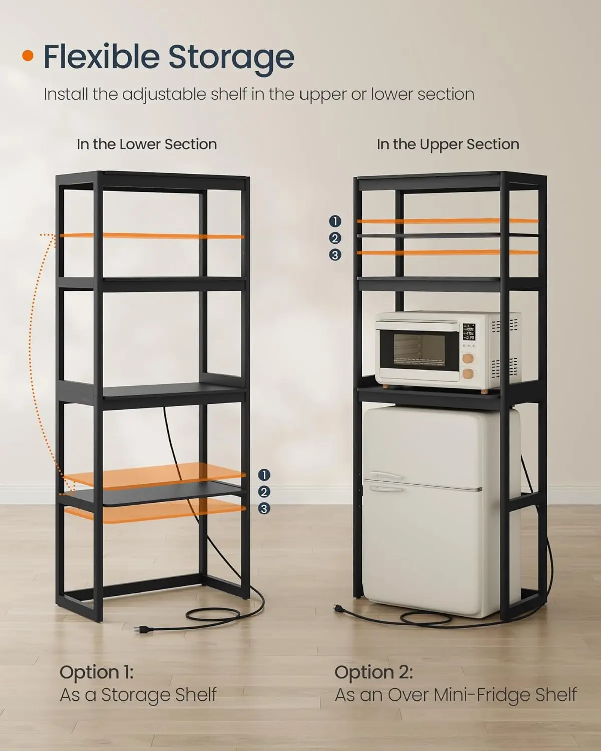 Kitchen Bakers Rack with Power Outlet  4-Tier Coffee Bar Table with Adjustable Shelf  Mini Fridge Shelf  Microwave Stand  15.7 5