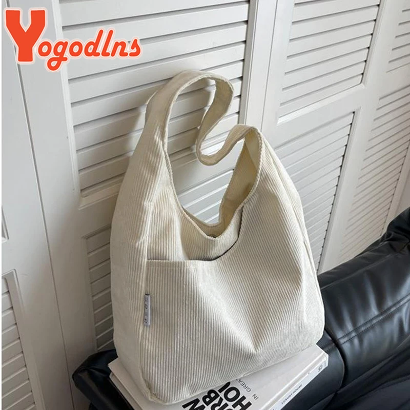 Yogodlns Casual Corduroy Shoulder  Bag for Women Large Capacity Shopping Tote Autumn Winter Top-handle Bag Student Big Handbags