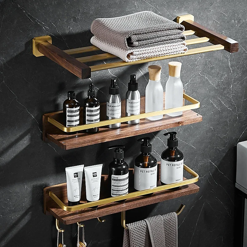 

Non Perforated Solid Wood Bathroom Storage Rack Wall Mounted Washroom Toiletries Shelving Toilet Cabinet Walnut Towel Shelf