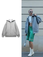 TRAF Women's Fashion Warm Hooded Jacket Fall and Winter Gray Long Sleeve Pocket Zipper Jacket Commuter Casual Women Jacket 1