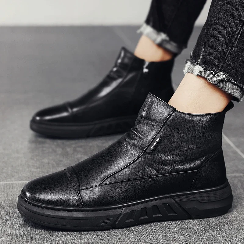 Leather Boots Man Full Black Men's Snow Boot Casual Ankle Mans Shoes Easy To Clean Trendy All-match Lightweight Mans Winter Shoe Outdoor Boots Men Leather Boots