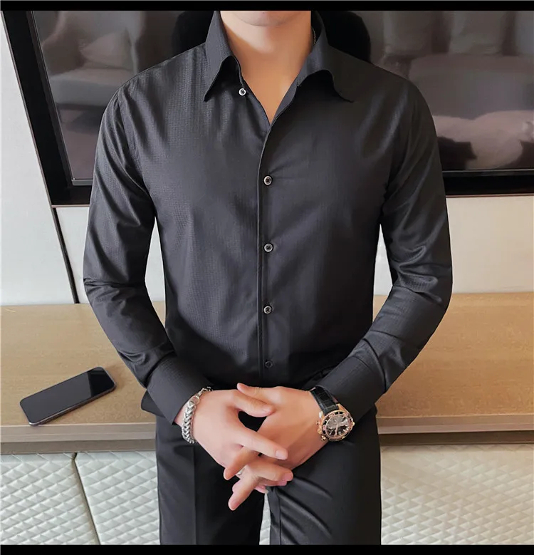 Description Picture 3 of itemClassical Solid Color Long Sleeve Shirts Men Slim Fit Casual Business Formal Shirt Social Office Streetwear Tuxedo Blouse M-3xl