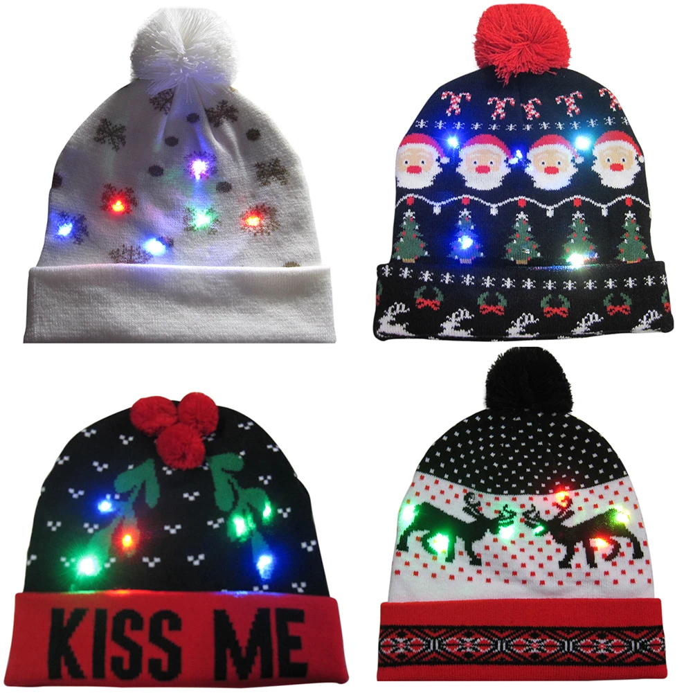 LED Knitted Christmas Hat Sweater Knitted Beanie Light Up Hat For Kids Adults Christmas Gifts Decor New Year Decoration