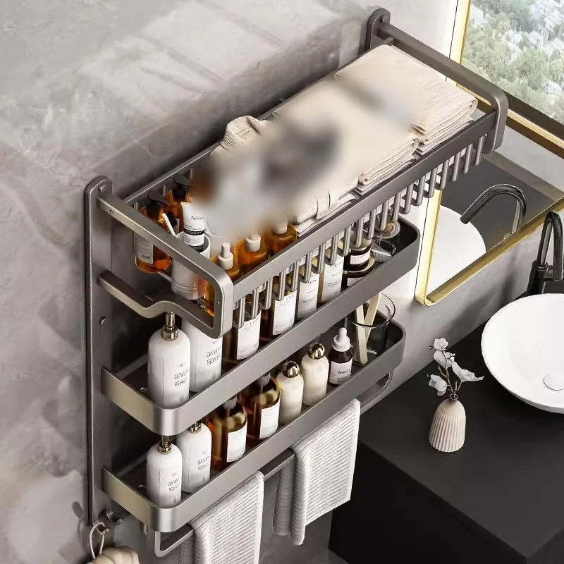 3-Layer Bathroom Bath Towel Rack Multifunctional Towel Rack Aluminum Multi-Layer Wall-Mounted Storage Space Bathroom Accessories
