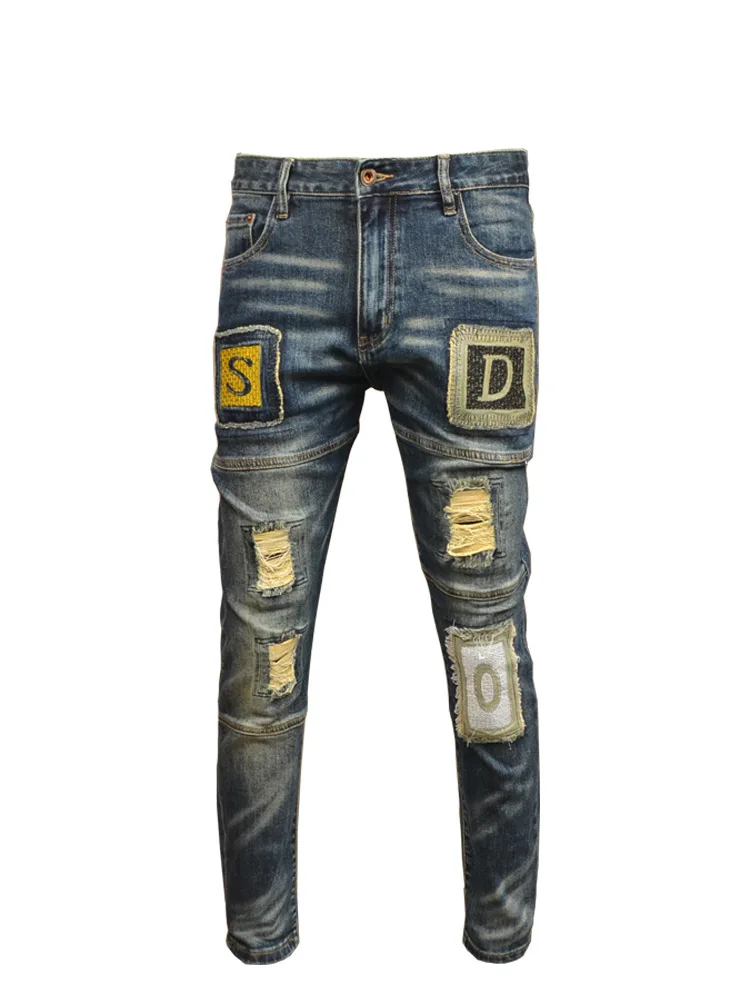 Retro Make Old Ripped Jeans Men's Stitching Cool Smart Stretch Slim Fit Paste Cloth Embroidery Motorcycle Skinny Pants