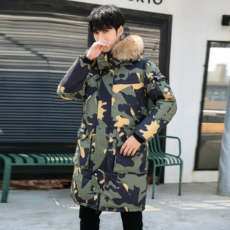 Men Down Jacket Winter Thick Warm Down Coats White Duck Real Raccoon Fur Parka Winter Long Men Coats Overcoat Outwear