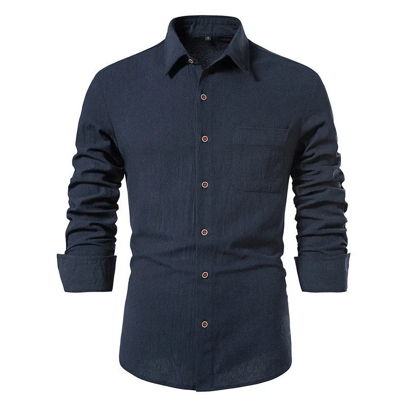 thumbnail image 1 of Camisa de manga larga de color liso para hombre Camisa de solapa con botones de algodón y lino, 1 of 4