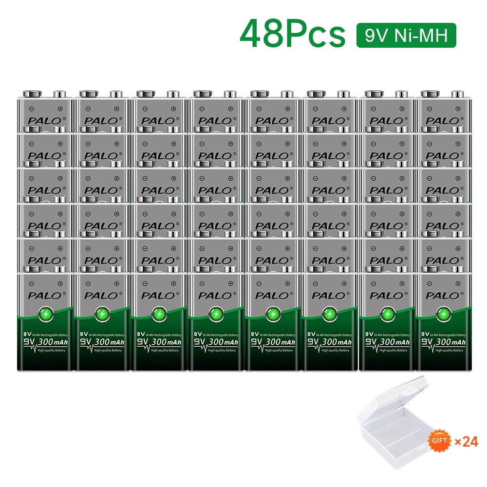 

PALO 48pcs 9V Rechargeable Battery 300mAh 6F22 9v nimh NI-MH Batteries for Multimeter Microphone Toy Remote Control KTV