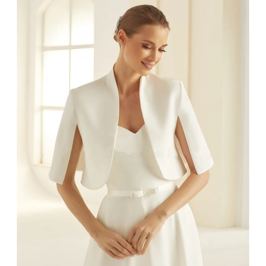 Satin Wedding Boleros 2023 Short Sleeves White Ivory Custom made size