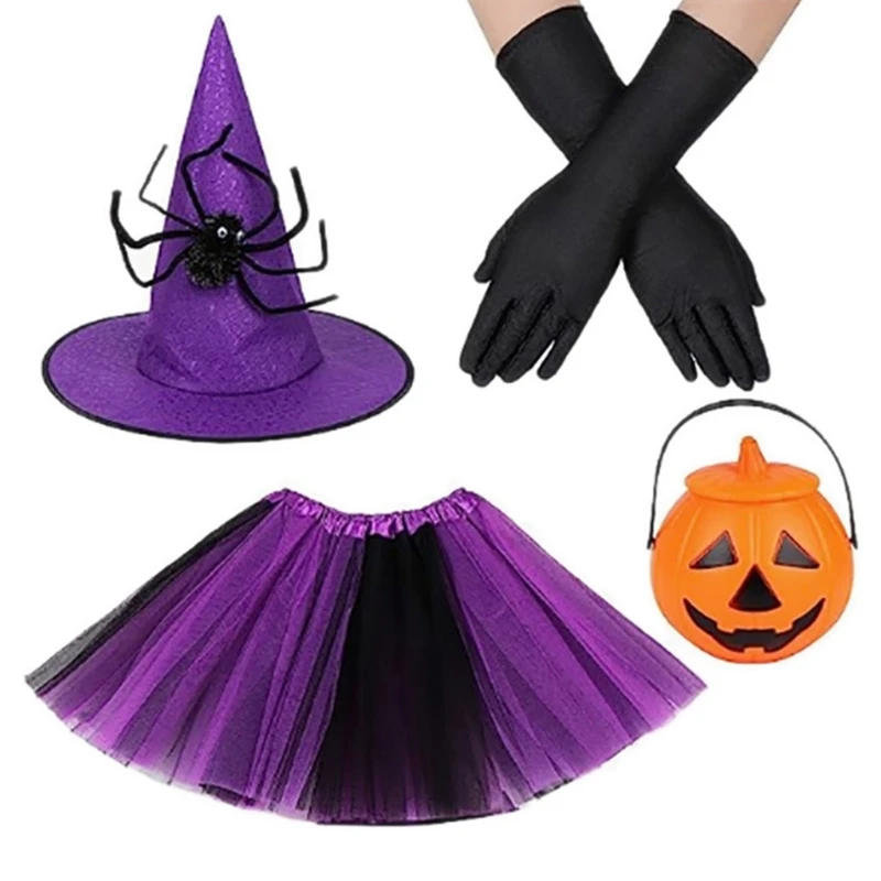 

Children Spiders Cobweb Skirt Witch Wizard Hat Suit Party Outfits Up Costume Set Cosplays Halloween for Women Adult