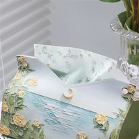 Oil Painting Tissue Storage Box PU Leather Napkin Holder Home Living Toilet Paper Case Creative Kitchen Tissue Organizer Boxes 2